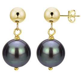 14K Yellow Gold 11-11.5mm Dyed-black Freshwater Cultured High Luster Pearl Ball Stud Earrings