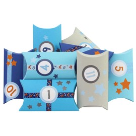 Papierdrachen 24 Advent Calendar Pillow Boxes - with Blue Forest Animal Washi Tape and Colourful Number Stickers - 24 Cushion Boxes - for Individual Filling and Designing