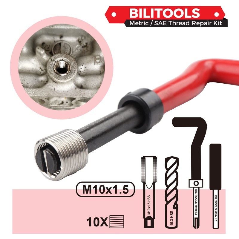 BILITOOLS M10x1.5 Thread Repair Kit, HSS Drill Helicoil Repair Kit
