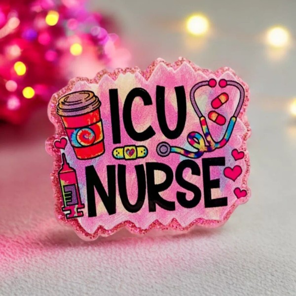 Magnet - ICU Nurse Refrigerator Fridge Decoration, Pink Glitter 1.75”