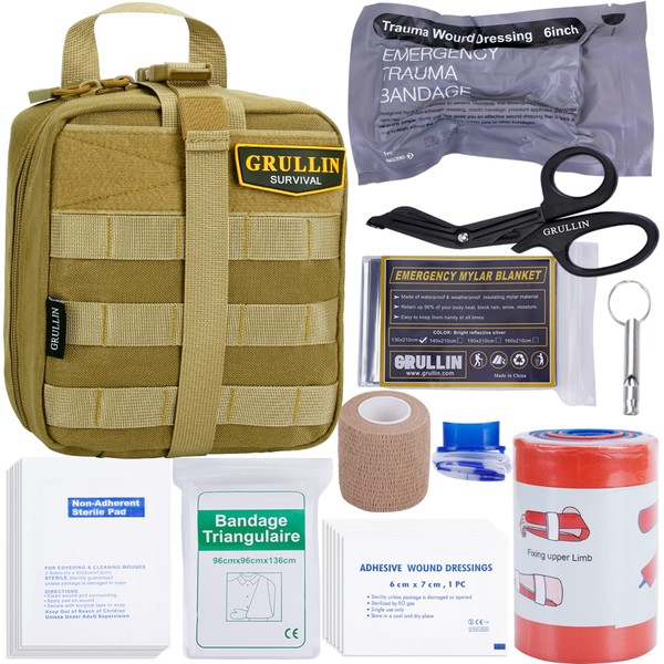 Grullin Survival First Aid Set, 39 Piece IFAK Molle Bag, Outdoor Emergency Trauma Equipment, Israeli Bandage Tourniquet, Camping, Hiking, Boat, Adventure, Car, House, Earthquake, Tan