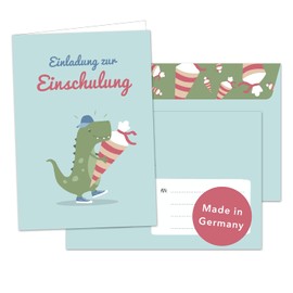 Decento® Dino Invitation with School Cone, 8 Folding Cards with Envelopes for Boys for First Day of School and Start of School, Invitation Cards to Fill in and Write on