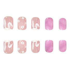 MIXFOSAHN Easter Press on Nails Short Square Fake Nails Nude Pink False Nails with Flowers Designs Cute Rabbit Ear Glossy Stick on Nails Glue on Nails Easter Nails Acrylic Nails for Women Girls 24 Pcs