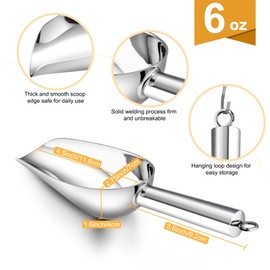 E-far 6 Ounce Stainless Steel Ice Scoop, Utility Metal Ice Scooper for Kitchen Freezer Bar Wedding Party, Multipurpose Small Scoop for Sugar/Flour/Pet Food/Popcorn/Dry Goods, Dishwasher Safe (Silver)