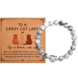 CERSLIMO Cat Gifts for Women Girls, To A Crazy Cat Lady Bead Bracelets - Cat Lover Gifts for Women Teens, Cute Cat Themed Gifts for Cat Lovers Lady Daughter Sister Best Friend Girlfriend Wife, Grey