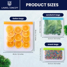 LC Reusable Food Storage Bags - 24 Pack+2 Gift BPA Free Reusable Freezer Bags (8 Reusable Gallon Bags + 8 Reusable Sandwich Bags + 8 Food Grade Snack Bags) EXTRA THICK & Leakproof Silicone Food Bags