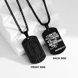RUOOUY Basketball Bible Verse Cross Necklace for Men Boys Inspirational Bible Verse Dog tag Pendant Stainless Steel Chain 22+2 inch Sports Religious Jewelry Basketball Gift for Men（I Can Do-Black）