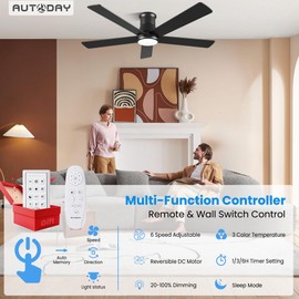 Autoday Ceiling Fans with Lights, 52 Inch Low Profile Ceiling Fan with Light and Remote Control, Flush Mount, Reversible, 3CCT, Dimmable, Quiet DC, Black Ceiling Fan for Bedroom, Indoor/Outdoor Use