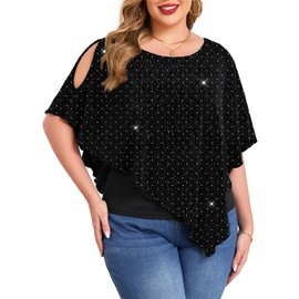 ZOMVA Plus Size Sparkly Cape Tops Cold Shoulder Double Layered Asymmetrical Hem Rhinestone Glitter Party Blouse Shirts, Black, 1X