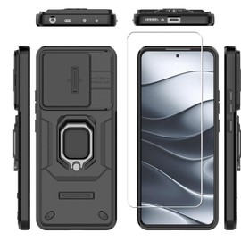 for XiaoMi RedMi Note 14 5G Case with 2 Tempered Glass Screen Protectors, Military-Grade Protective Armor, Lens Protector, Magnetic Kickstand Black