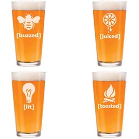 MIP Brand Set of 4 Glass 16 oz Beer Pint Funny Drunk Buzzed Lit Toasted Juiced
