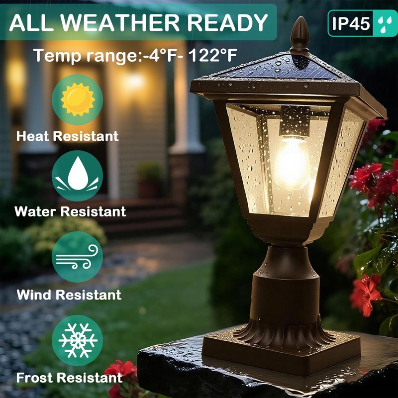 Jalarox Solar Post Lamp Lights, Metal and Glass Built Dusk