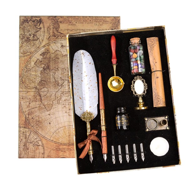 Joyeee Feather Pen and Ink Set, Pen with Ink, Wax Seal Stamp, Dip Pen Holder, Stationery, Wax Seal Beads, Tea Light, Retro Gift Box, Birthday Gifts for Mum Dad