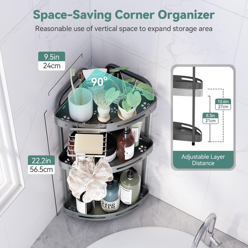 Binecer Corner Shower Caddy Standing, 3 Tier Shower Organizer Stand