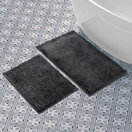 Laura Ashley Butter Chenille Bath Rug, Absorbent Shaggy Bathroom Mat, Non Slip Plush Carpet Rugs for Tub and Sink - 2 Piece (17" x 24" and 20" x 34") Charcoal