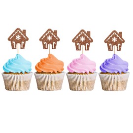 24PCS Christmas Cupcake Toppers, Gingerbread House Cupcake Toppers, Gingerbread Man Cupcake Picks for Christmas, Christmas Holiday/Winter Wonderland Party Decoration - Brown Glitter