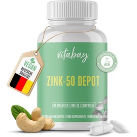 Zinc-50 Depot – 25 mg Zinc (Elementary Content) per 1/2 Tablet – Made from Pure High Dose Zinc Gluconate – 100 % Vegan