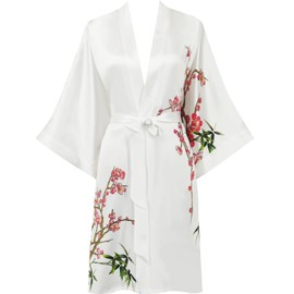 Kwedhonjh women's 100% silk kimono, short bathrobe pajamas, kimono pajamas (Plum white)