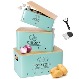 Dekosilave Kitchen Vegetable Storage Set of 3, Metal Onion Garlic Potato Storage Set, Kitchen Canisters Vegetable Keeper Containers with Aerating Holes and Wooden Lid (Blue)