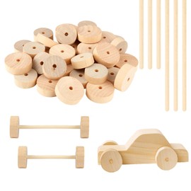 40 Pieces Wooden Wheel Wooden Sticks Set, Unfinished Wooden Wheels, 2.8 cm and 3.5 cm Wooden Craft Wheels with Wooden Sticks, Mini Wooden Disc with Hole for DIY Crafts Painting Crafts, Model Cars