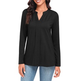 Anydeer Womens Long Sleeve Tunic Tops Casual Pleated Fashion Tops Fall V Neck Blouse 2025 Loose Fit Shirts, 2XL, Black