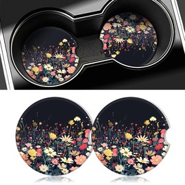 Black Flowers Car Ceramic Car Coasters for Cup Holders,Tubdic Anti Slip Car Cup Holder Coaster,Super Absorbent Car Cup Coasters for car with Cork Base and Finger Notch,Cute Car Accessory for Women