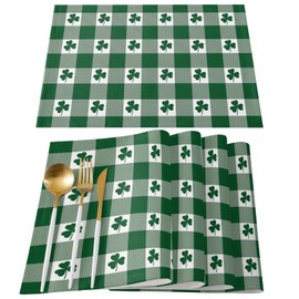 St. Patrick's Day Green Shamrock Clover Placemats Set of 6 for Dining Table Cotton Linen Tablemats Spring Holidays Deoration Green White Buffalo Check Plaid Heat Resistant Non-Slip Washable Table Mats