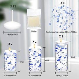 6 Set Glass Cylinder Vase with 8 Artificial Pearl String 12 White Floating Candle Multi-Size Cylinder Vase for Centerpieces 4"+ 6" + 8" Glass for Wedding Party Table Decor (6 Pcs-Blue)