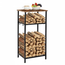 Fiwochic 2-Tier Winter Firewood Rack with Tabletop 4 Hooks Indoor Outdoor
