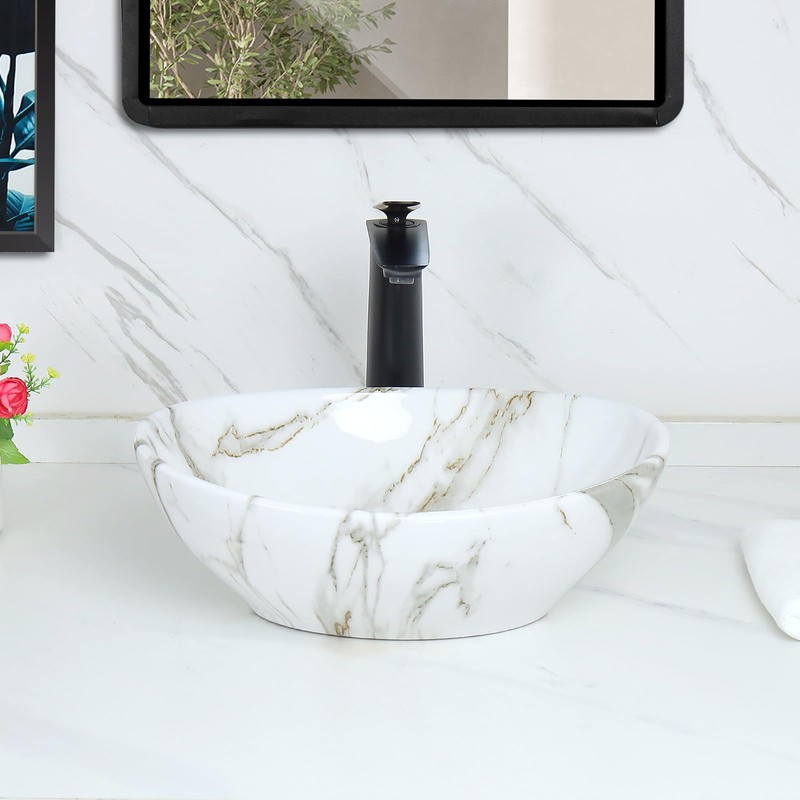 Davivy 16.3"x13.4" White Marbling Bathroom Vessel Sink with Pop Up