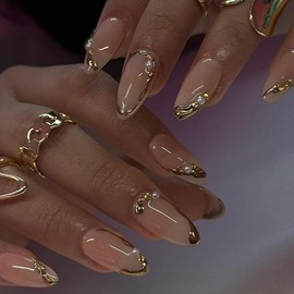 WAFOLOZE Nails Press on, Almond Press on Nails Medium Girls Fake Nails with Three-Dimensional Gold-Plated Pearls Design, Acrylic Artificial False Nails Press Ons Glue on Nails For Women