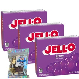 Jell-O Gelatin Dessert Mix - 3 oz Boxes (Pack of 3) - With Candy Freezer Freeze Dried Ice Cream Bites (Grape) - Candy