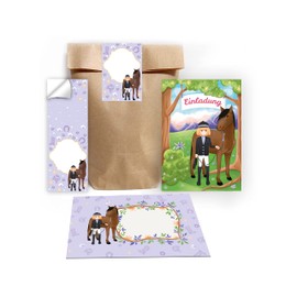 Junapack 12 Invitation Cards Girl with Horse for Children's Birthday Girl Including 12 Envelopes, 12 Bags/Natural, 12 Stickers