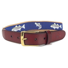 No27 Men's Striped Bass Nautical Leather Belt, Striped Bass Ribbon on Khaki, Size 40 waist