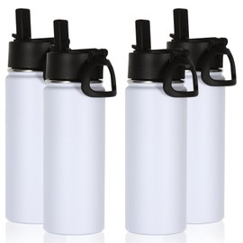 Volhoply 18oz Insulated Water Bottle Bulk 4 Pack,Kids Stainless Steel Water Bottles with Straw Lid,Wide Mouth Reusable Metal Thermos Bottle,Double Wall Vacuum Sports Flask For Cold Drink(White,4 Set)