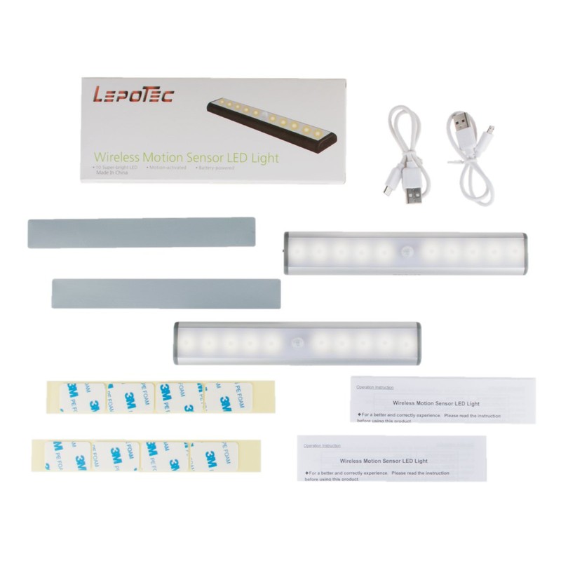 Wireless Motion Sensor Cabinet Lights 10-LED USB Rechargeable Closet Lights
