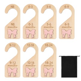 7pcs Baby Closet Dividers With 1 Storage Bag 3D Pink Bow Wooden Baby Closet Organizer Newborn to 24 Months Clothes Size Dividers Hanger Organization for Home Baby Nursery Decor