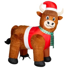 6.5' Gemmy Airblown Inflatable Christmas Mixed Media Fuzzy Highland Cow w/Santa Hat Yard Decoration 885190