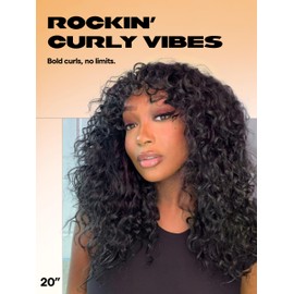GORGIUS Glueless Curly Wig with Bangs Natural Black Synthetic Curtain Bang with Realistic Scalp Put On and Go 20 Inch