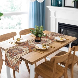 Kerton Stork Boho Table Runner Orange Beige Linen Table Runners 72 Inches Long - Farmhouse Heat Resistant Waterproof Runner for Coffee Dining Kitchen Living Room Table, Rustic