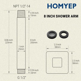 HOMYEP 8 Inch Square Shower Arm with Flange, Straight Extension Arm for Ceiling Mount Rainfall Shower Head, Male NPT 1/2 to G 1/2 Inch, Matte Black