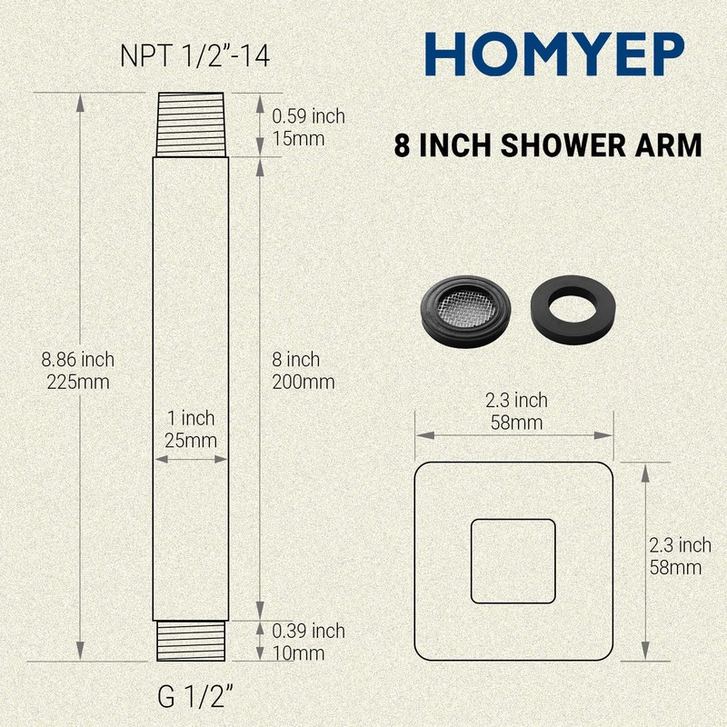 HOMYEP 8 Inch Square Shower Arm with Flange, Straight Extension