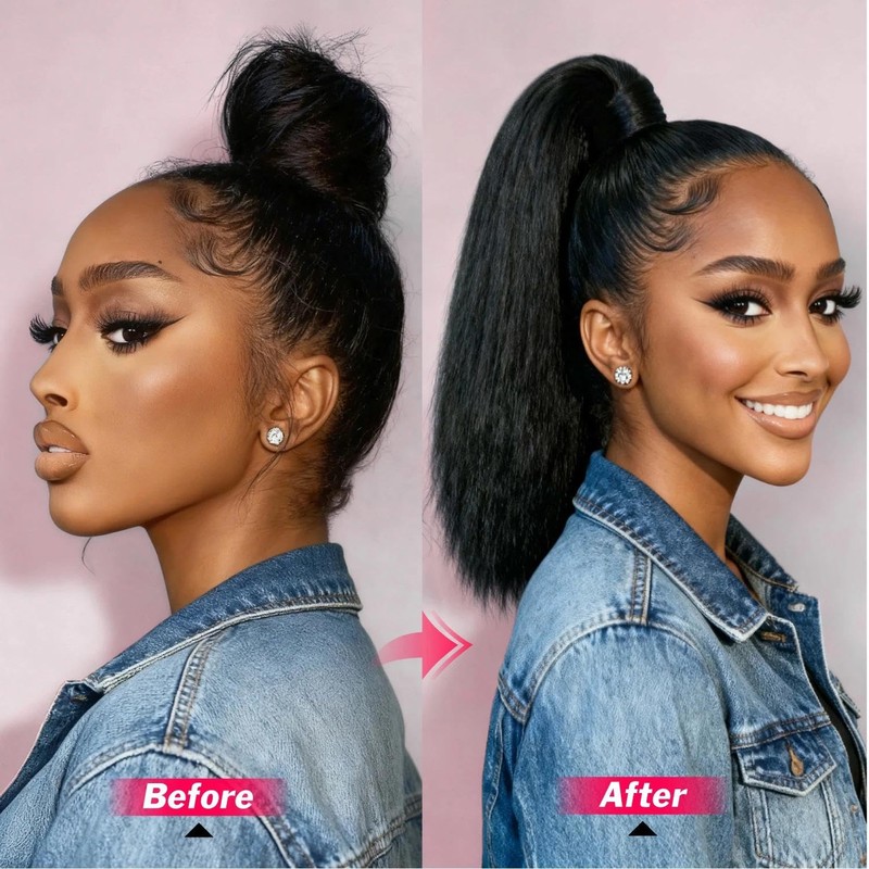 Yaki Straight Ponytail Extension for Black Women,16 Inch Synthetic Wrap-Around