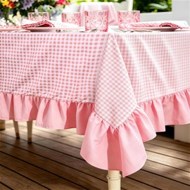 Simihiran Pink Gingham Ruffle Tablecloth 60 x 120 Inch Rectangular Checkered Plaid Table Cloth for Seat 8-10 Birthday Baby Shower Party Picnic Outdoor Kitchen