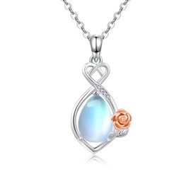 CRWENG Moonstone Necklace Sterling Silver Rose Pendant Necklaces Charm Jewelry Birthday Xmas Valentines Day Gifts for Women Girls Daughter, Sterling Silver, Moonstone