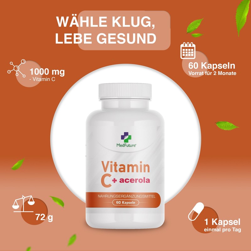 Vitamin C + Acerola 60 Kapseln Unterstützt die Immunität
