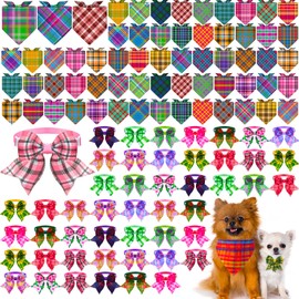 Sanwuta 108 Pcs Dog Bandanas Bulk for Summer Soft Breathable Dog Stripe Plaid Patterns Ties Adjustable Pet Collar Bowtie Triangle Pet Scarf for Summer Beach Hawaii Costume Accessories