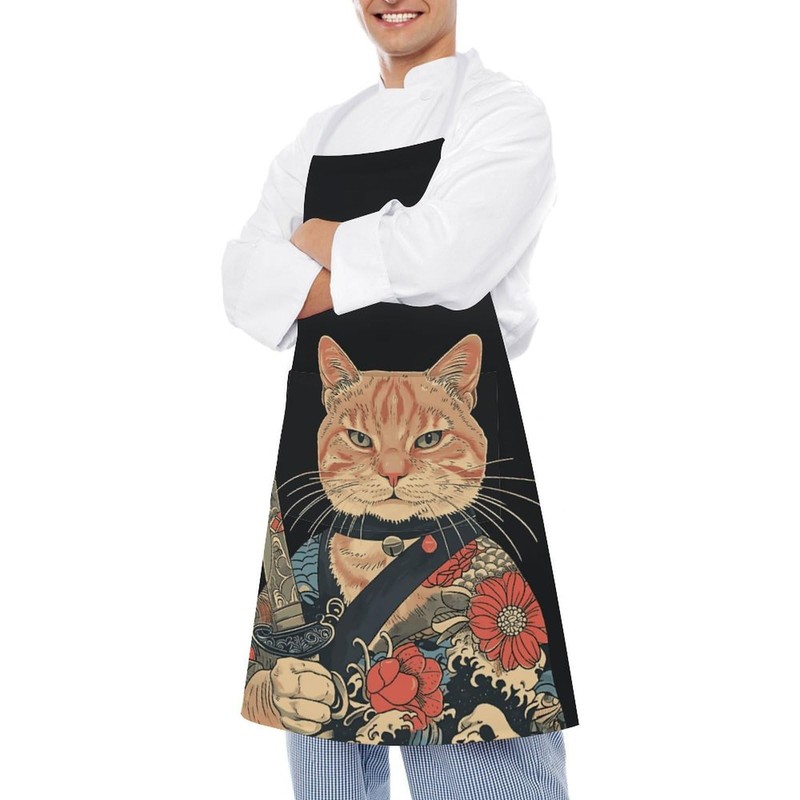 GTABVECT Japanese Samurai Cat Aprons Adjustable Aprons with Pockets Cooking