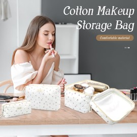 3 Pack Floral Pattern Large Quilted Makeup Bag for Women Girls Cotton, multicoloured, Cherry Red