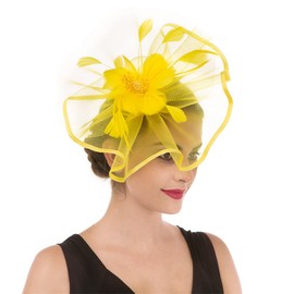 SAFERIN Fascinator Hat Feather Mesh Net Veil Cocktail Tea Party Hat Flower Derby Hat with Clip and Hairband for Women (TA1-Yellow)